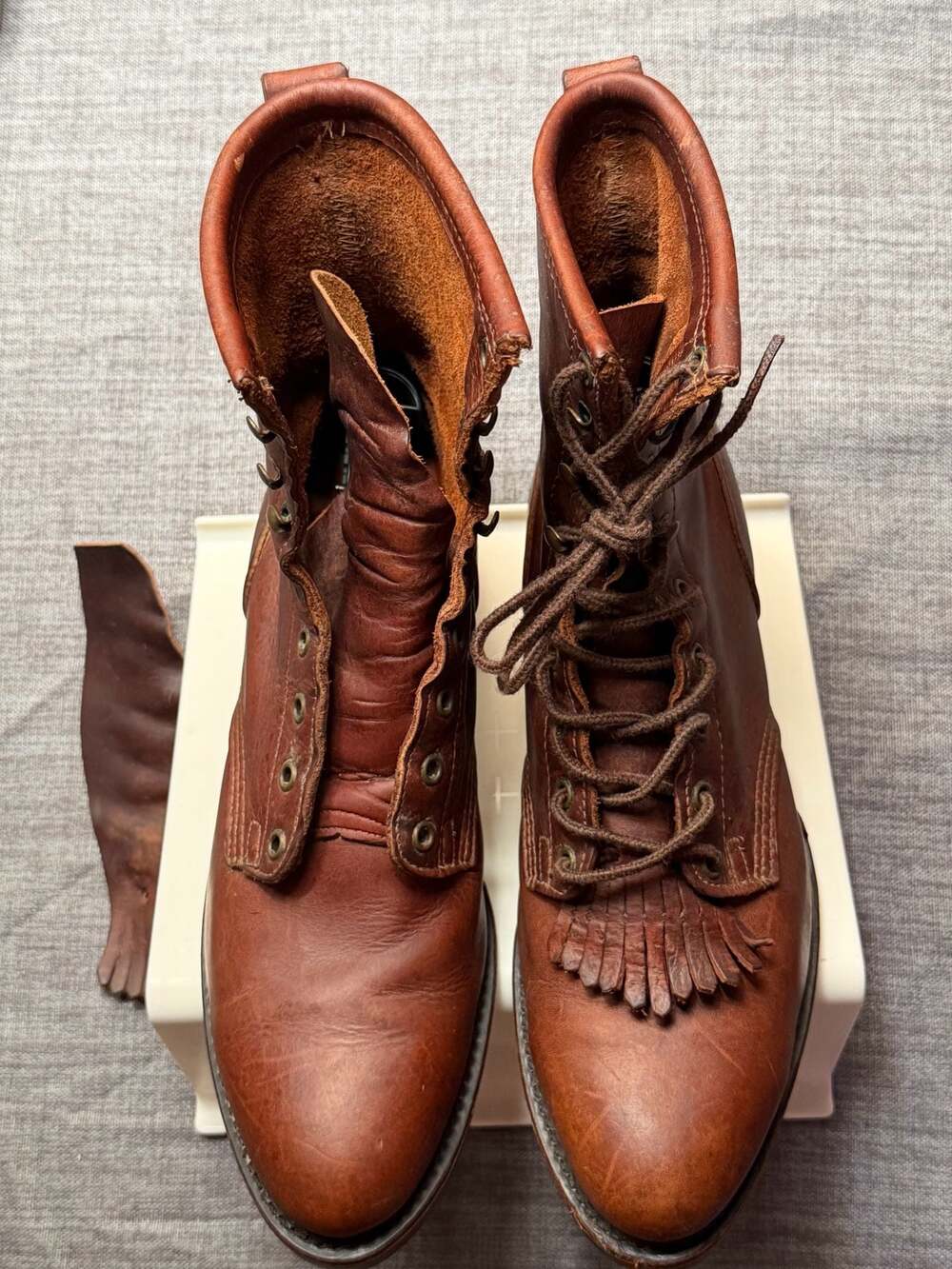 Santa Fe Boot Co. Vintage Brown Leather Kiltie Lace Up Work Boots with Vibram So